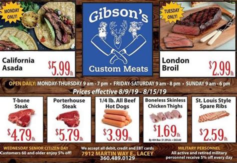 Gibson meats - Gibsons Finest Meats Ltd is open by the following schedule: Mon-sat: 07:00 - 17:00; sun: 10:00 - 16:00. You can learn more by dialing a number: 01268 952196. Additional information may be found by visiting the website: gibsons-meats.co.uk.